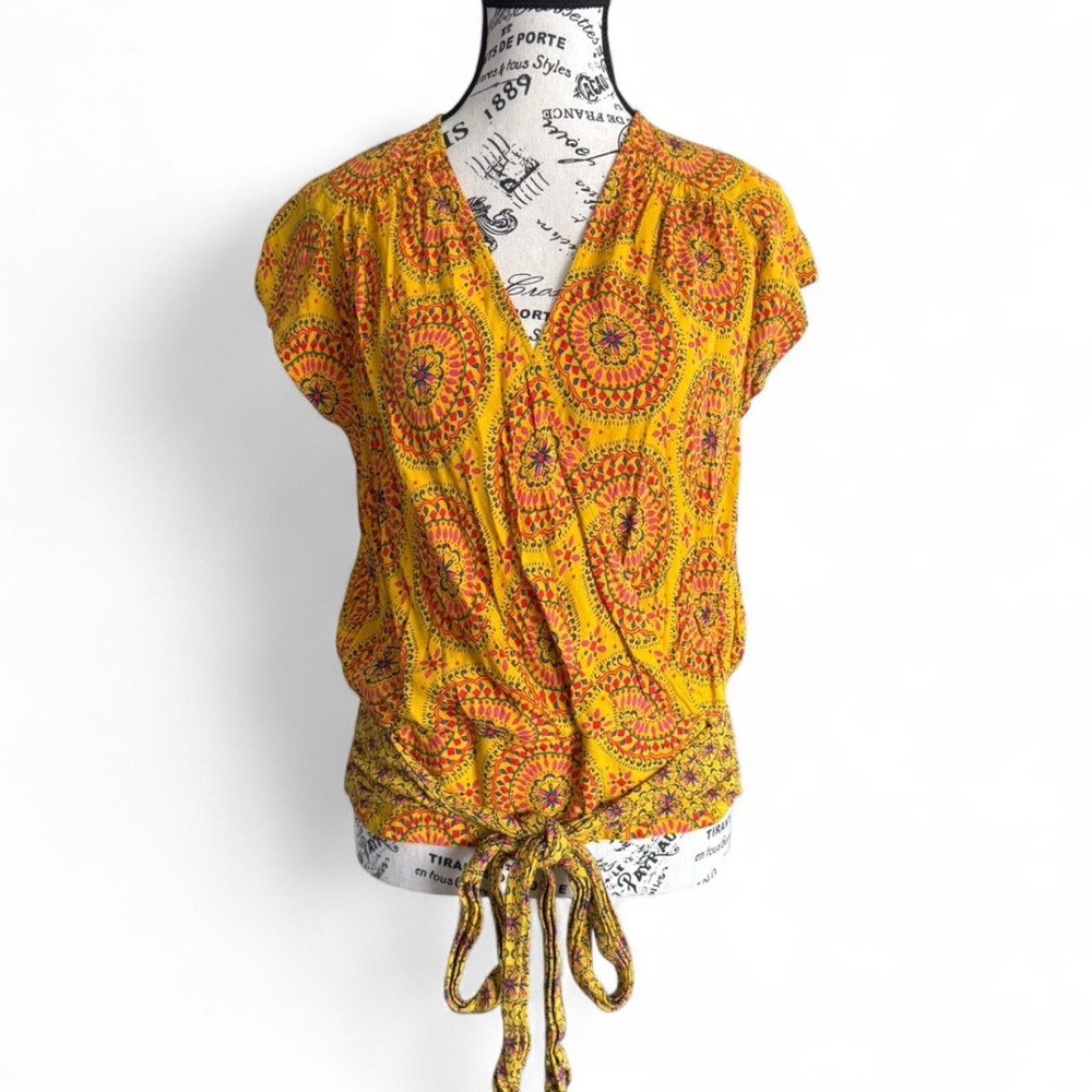 Anthropologie Maeve Yellow Orange Wrap Blouse with Tie Front